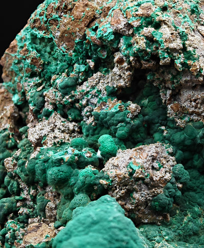 Close-up of malachite botryoidal masses covering host rock, Sa Duchessa Mine, Sardinia