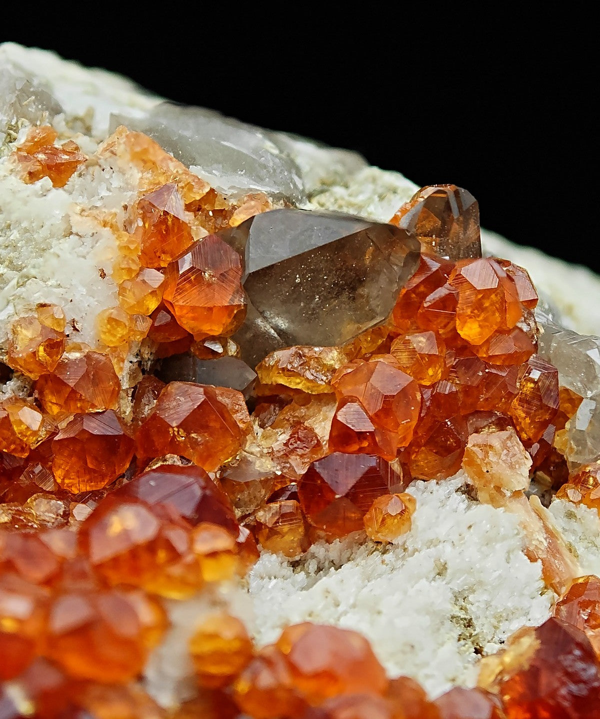 SPESSARTINE – Bright Orange-Red Crystals with Smoky Quartz, Tongbei, China