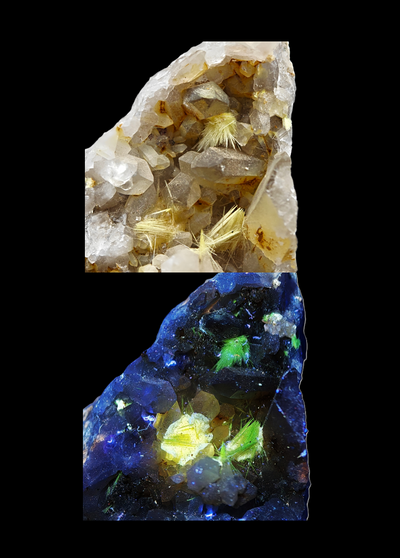 Comparison of Uranophane specimen in daylight and under UV fluorescence, Rossing Mine