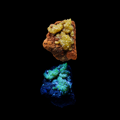 Adamite specimen shown in natural light and under UV light, Ojuela Mine, Mapimi, Mexico