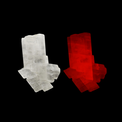 Comparison of calcite twin in natural light and under UV fluorescence, Parma, Italy
