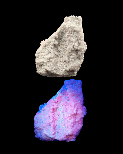 Comparison image of Rhodochrosite and Calcite specimen in daylight and UV fluorescence