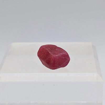 Ruby crystal specimen displayed on white stand, Ampanihy, Madagascar